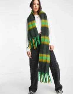 Design Fluffy Wool Mix Tassel Scarf In Mustard & Green Check