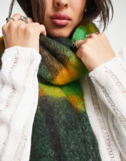 Design Fluffy Wool Mix Tassel Scarf In Mustard & Green Check