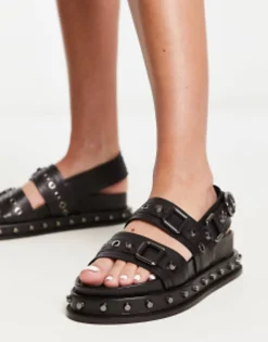Design Focused Leather Studded Flat Sandals In
