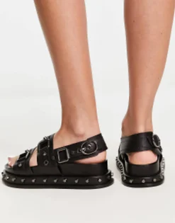 Design Focused Leather Studded Flat Sandals In