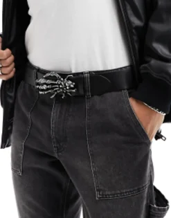 Design Halloween Faux Leather Belt With Gunmetal Skull Hand
