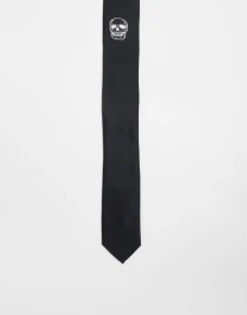 Design Halloween Slim Tie With Skull Embroidery In