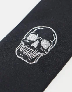 Design Halloween Slim Tie With Skull Embroidery In