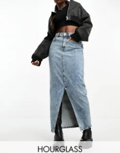 Design Hourglass Denim Midi Skirt With Split Hem In Midwash
