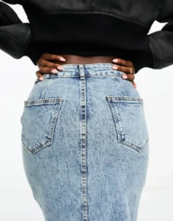 Design Hourglass Denim Midi Skirt With Split Hem In Midwash