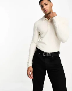 Design Long Sleeve Muscle Fit Polo In Cream