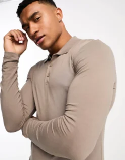 Design Long Sleeve Muscle Fit Polo In Brown