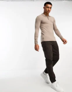 Design Long Sleeve Muscle Fit Polo In Brown