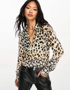 Design Long Sleeve Soft Shirt In Mixed Animal Scarf Print