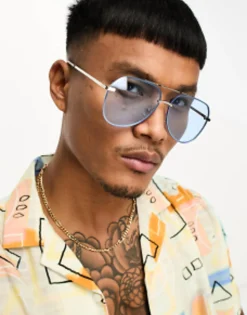 Design Metal Aviator Sunglasses With Laid On Blue Lens In