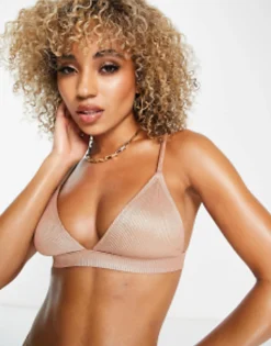 Design Metallic Rib Deep Band Plunge Bikini In Golden Rust