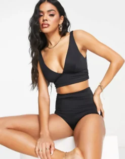 Design Mix And Match Deep Band Side Ruched Crop Bikini Top In