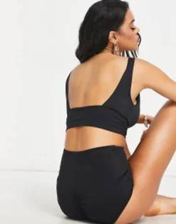 Design Mix And Match Deep Band Side Ruched Crop Bikini Top In