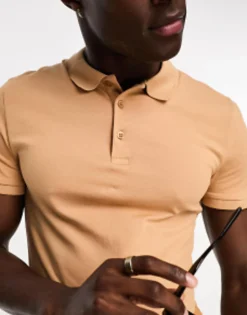 Design Muscle Fit Polo Shirt In Tan