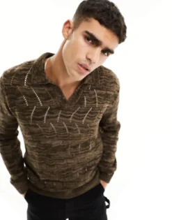 Design Oversized Knitted Pointelle Polo Jumper In Twist