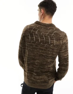Design Oversized Knitted Pointelle Polo Jumper In Twist