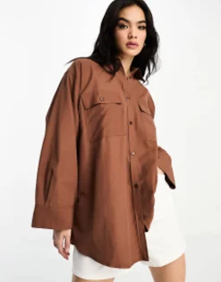 Design Oversized Shirt With Wide Cuff Detail In Brown