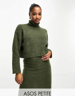 Design Petite Boxy Jumper In Rib With Roll Neck & Midi Skirt Co Ord In Khak