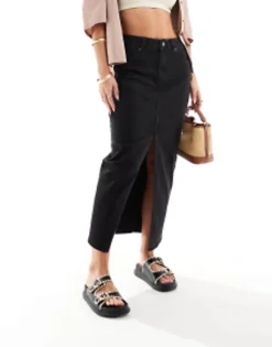 Design Petite Denim Maxi Skirt With Split Hem In