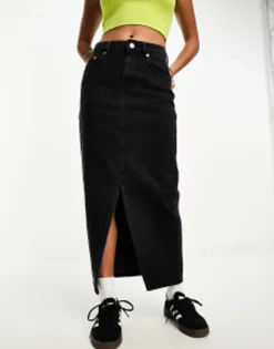 Design Petite Denim Midi Skirt With Split Hem In Washed