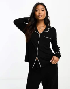Design Petite Viscose Long Sleeve Shirt & Trouser Pyjama Set With Contrast Piping In
