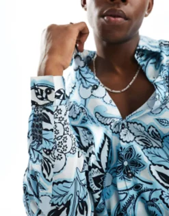 Design Relaxed Satin Shirt In Floral Border Print