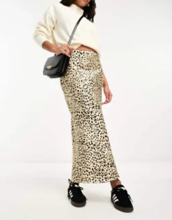 Design Satin Bias Midi Skirt In Animal Print