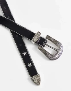 Design Skinny Faux Leather Belt With Star Studs In