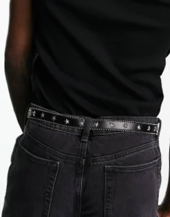 Design Skinny Faux Leather Belt With Star Studs In