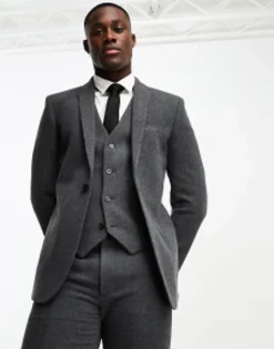 Design Skinny Wool Mix Suit In Herringbone In Charcoal