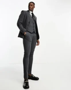 Design Skinny Wool Mix Suit In Herringbone In Charcoal
