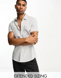 Design Slim Fit Short Sleeve Stripe Shirt In Black