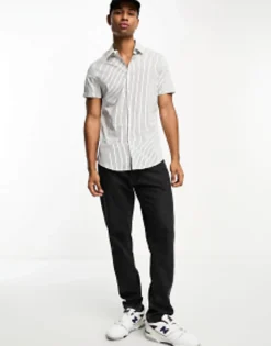 Design Slim Fit Short Sleeve Stripe Shirt In Black