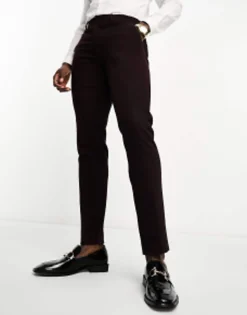 Design Slim Wool Mix Suit In Herringbone In Burgundy