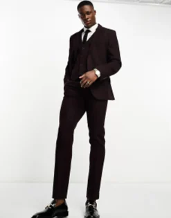 Design Slim Wool Mix Suit In Herringbone In Burgundy