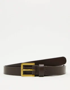Design Smart Leather Skinny Belt With Gold Buckle In