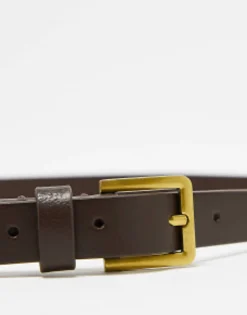 Design Smart Leather Skinny Belt With Gold Buckle In
