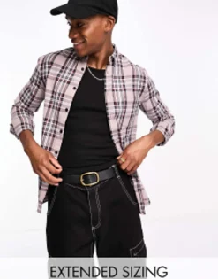 Design Stretch Slim Check Shirt In Stone And Black