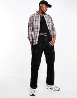 Design Stretch Slim Check Shirt In Stone And Black
