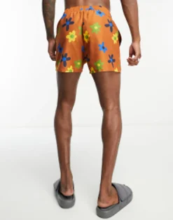 Design Swim Shorts In Short Length In Floral Print In Brown