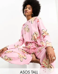 Design Tall Christmas Gingerbread Long Sleeve Top & Trouser Pyjama Set In