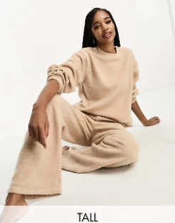 Design Tall Exclusive Lounge Borg Sweat & Wide Leg Trouser Set In