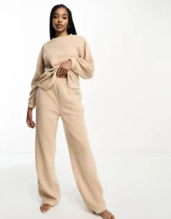 Design Tall Exclusive Lounge Borg Sweat & Wide Leg Trouser Set In