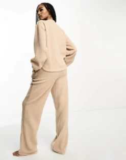 Design Tall Exclusive Lounge Borg Sweat & Wide Leg Trouser Set In