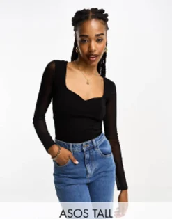 Design Tall Sweetheart Neckline Bodysuit With Mesh Sleeve In