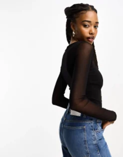 Design Tall Sweetheart Neckline Bodysuit With Mesh Sleeve In