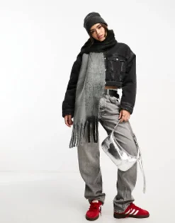 Design Two Tone Fluffy Tassel Scarf In Grey And Black
