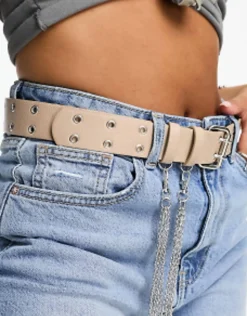 Design Waist And Hip Eyelet Jeans Belt With Chain Detail In