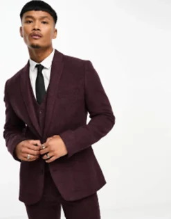 Design Wedding Super Skinny Wool Mix Suit In Burgundy Puppytooth
