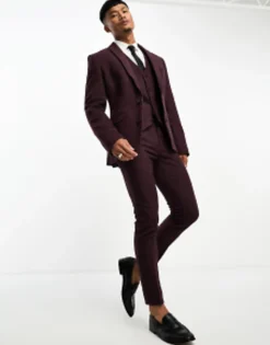 Design Wedding Super Skinny Wool Mix Suit In Burgundy Puppytooth